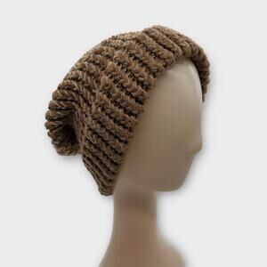 Knit Woven Chunky Brown Beighe Beanie Knit Hat Boho Outdoors Unisex X-Small
